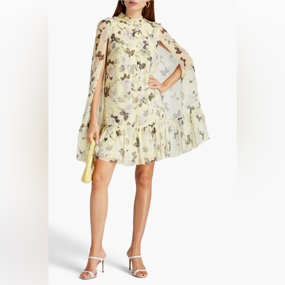 Erdem Constantine Cape-effect Printed Silk-voile Mini Dress In Pastel Yellow